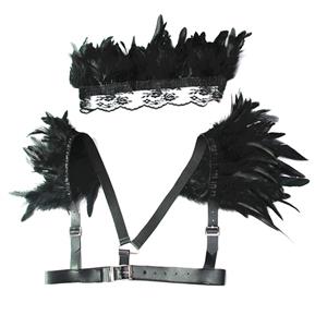 2Pcs Victorian Gothic Black Feather Collar Scarf And Shoulder Armor Corset Accessories N20196