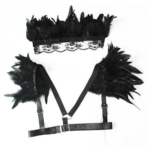 2Pcs Victorian Gothic Black Feather Collar Scarf And Shoulder Armor Corset Accessories N20196