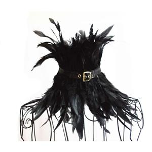 Victorian Gothic Black Feather Collar Scarf Leather Buckle Neckerchief Corset Accessories N20203