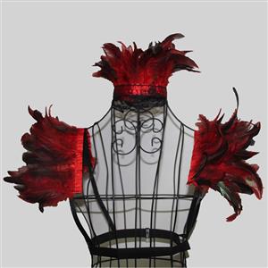 Victorian Gothic Red Feather Collar Scarf And Shoulder Armor Corset Accessories N20019