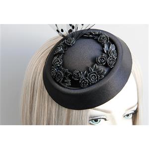 Victorian Gothic Black Flower and Mesh Fascinator Party Felt Hat Hair Clip Hairpin Accessory J18798