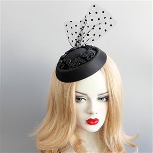 Victorian Gothic Black Flower and Mesh Fascinator Party Felt Hat Hair Clip Hairpin Accessory J18798