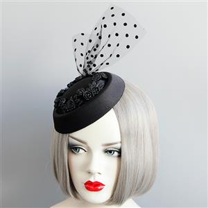 Victorian Gothic Black Flower and Mesh Fascinator Party Felt Hat Hair Clip Hairpin Accessory J18798