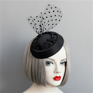 Victorian Gothic Black Flower and Mesh Fascinator Party Felt Hat Hair Clip Hairpin Accessory J18798