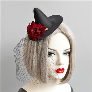 Victorian Gothic Red Rose and Mesh Pointed Hat Fascinator Party Hair Clip Hairpin Accessory J18799