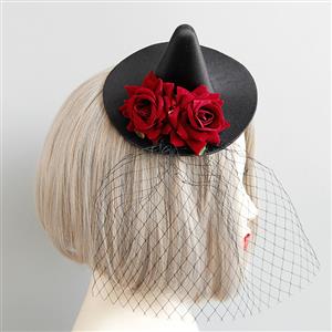 Victorian Gothic Red Rose and Mesh Pointed Hat Fascinator Party Hair Clip Hairpin Accessory J18799