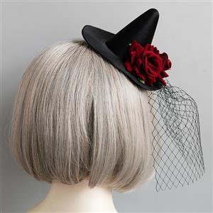 Victorian Gothic Red Rose and Mesh Pointed Hat Fascinator Party Hair Clip Hairpin Accessory J18799