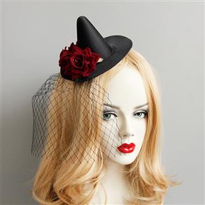 Victorian Gothic Red Rose and Mesh Pointed Hat Fascinator Party Hair Clip Hairpin Accessory J18799