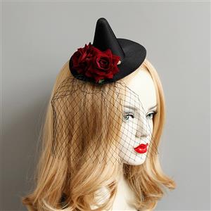 Victorian Gothic Red Rose and Mesh Pointed Hat Fascinator Party Hair Clip Hairpin Accessory J18799