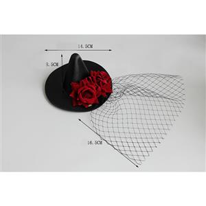 Victorian Gothic Red Rose and Mesh Pointed Hat Fascinator Party Hair Clip Hairpin Accessory J18799