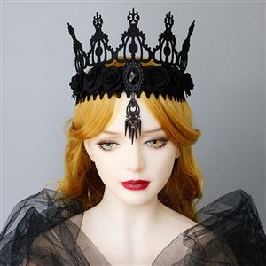 Victorian Gothic Black Gemstone Pendant And Rose Queen Tiara Hair Band Party Accessory J19987