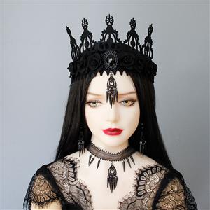 Victorian Gothic Black Gemstone Pendant And Rose Queen Tiara Hair Band Party Accessory J19987