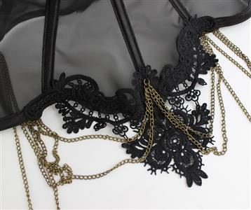 Victorian Gothic Lace Choker Necklace - Black Mesh Collar with Hanging Chains for Halloween Cosplay N23789