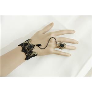 Victorian Gothic Black Lace Wristband Black Bead Embellishment Bracelet with Ring J17819