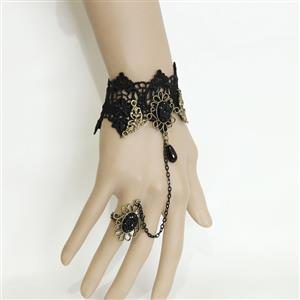 Victorian Gothic Black Lace Wristband Black Bead Embellishment Bracelet with Ring J17819