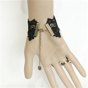 Victorian Gothic Black Lace Wristband Black Bead Embellishment Bracelet with Ring J17819