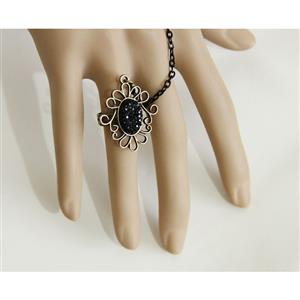 Victorian Gothic Black Lace Wristband Black Bead Embellishment Bracelet with Ring J17819