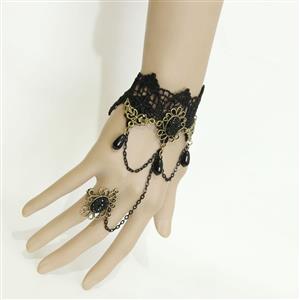 Victorian Gothic Black Lace Wristband Black Beads Embellishment Bracelet with Ring J17827