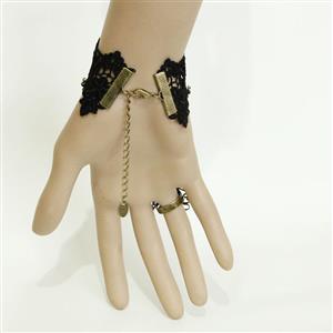 Victorian Gothic Black Lace Wristband Black Beads Embellishment Bracelet with Ring J17827