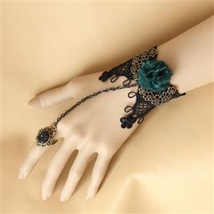 Victorian Gothic Black Lace Wristband Flower Embellishment Bracelet with Ring J17831