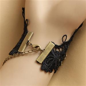 Victorian Gothic Black Lace Wristband Flower Embellishment Bracelet with Ring J17831