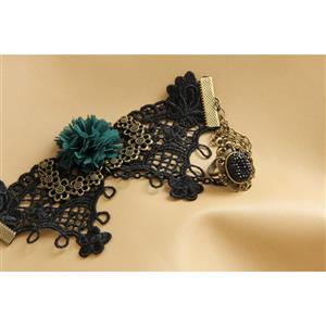 Victorian Gothic Black Lace Wristband Flower Embellishment Bracelet with Ring J17831