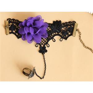Victorian Gothic Black Floral Lace Wristband Purple Flower Bracelet with Ring J18095