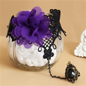 Victorian Gothic Black Floral Lace Wristband Purple Flower Bracelet with Ring J18095