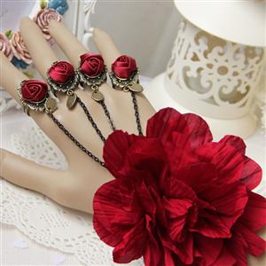 Victorian Gothic Lace Wristband Flower Bracelet with Red Rose Rings J18028