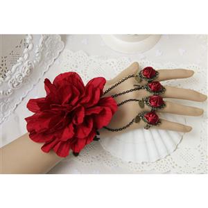 Victorian Gothic Lace Wristband Flower Bracelet with Red Rose Rings J18028