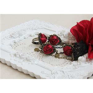 Victorian Gothic Lace Wristband Flower Bracelet with Red Rose Rings J18028