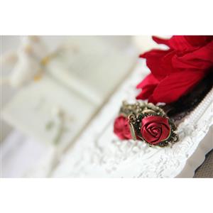 Victorian Gothic Lace Wristband Flower Bracelet with Red Rose Rings J18028