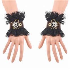 Victorian Gothic Black Floral Lace Wristband Bronze Gear Cloth Bracelet J19846