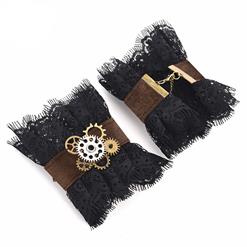 Victorian Gothic Black Floral Lace Wristband Bronze Gear Cloth Bracelet J19846