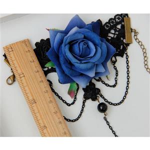 Victorian Gothic Black Floral Lace Wristband Royalblue Rose Bracelet with Ring J18118