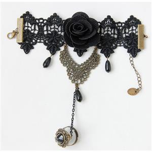 Victorian Gothic Black Floral Lace Wristband Black Rose Bracelet with Ring J18167