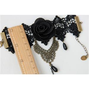 Victorian Gothic Black Floral Lace Wristband Black Rose Bracelet with Ring J18167