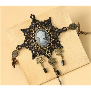 Victorian Gothic Black Lace Wristband Bronze Metal Snowflake Embellishment Bracelet with Ring J17929