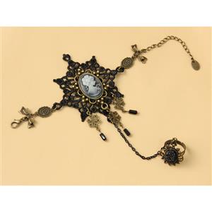 Victorian Gothic Black Lace Wristband Bronze Metal Snowflake Embellishment Bracelet with Ring J17929