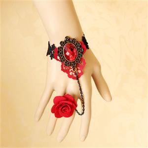 Gothic Black Lace Wristband Ruby Embellishment Bracelet with Red Rose Ring J18024