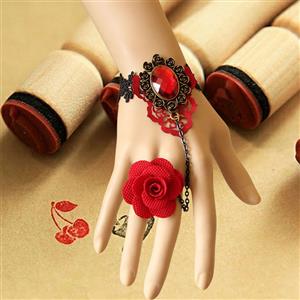 Gothic Black Lace Wristband Ruby Embellishment Bracelet with Red Rose Ring J18024