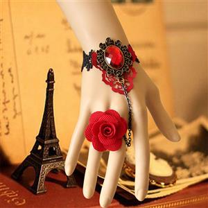 Gothic Black Lace Wristband Ruby Embellishment Bracelet with Red Rose Ring J18024