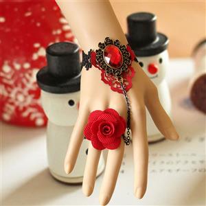 Gothic Black Lace Wristband Ruby Embellishment Bracelet with Red Rose Ring J18024