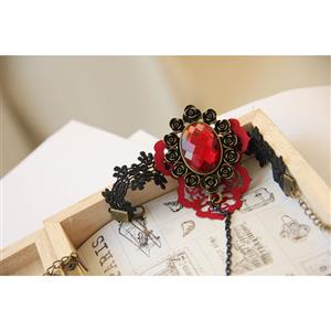 Gothic Black Lace Wristband Ruby Embellishment Bracelet with Red Rose Ring J18024