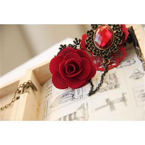 Gothic Black Lace Wristband Ruby Embellishment Bracelet with Red Rose Ring J18024
