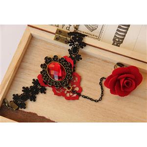 Gothic Black Lace Wristband Ruby Embellishment Bracelet with Red Rose Ring J18024