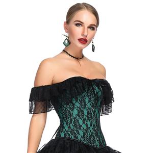 Victorian Gothic Satin Off Shoulder Floral Lace Waist Cincher Plastic Boned Overbust Corset N18714