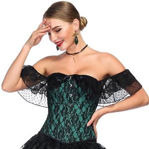 Victorian Gothic Satin Off Shoulder Floral Lace Waist Cincher Plastic Boned Overbust Corset N18714