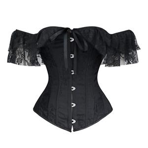 Victorian Gothic Satin Off Shoulder Floral Lace Waist Cincher Plastic Boned Overbust Corset N19389