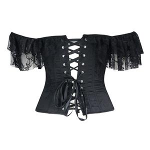 Victorian Gothic Satin Off Shoulder Floral Lace Waist Cincher Plastic Boned Overbust Corset N19389